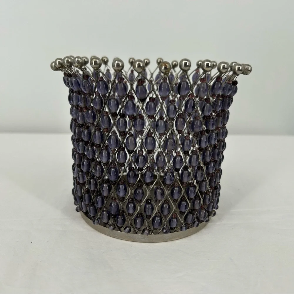 Wine Caddy Water Caddy Candle Holder purple and silver Beads 4.5”‎ x 5”